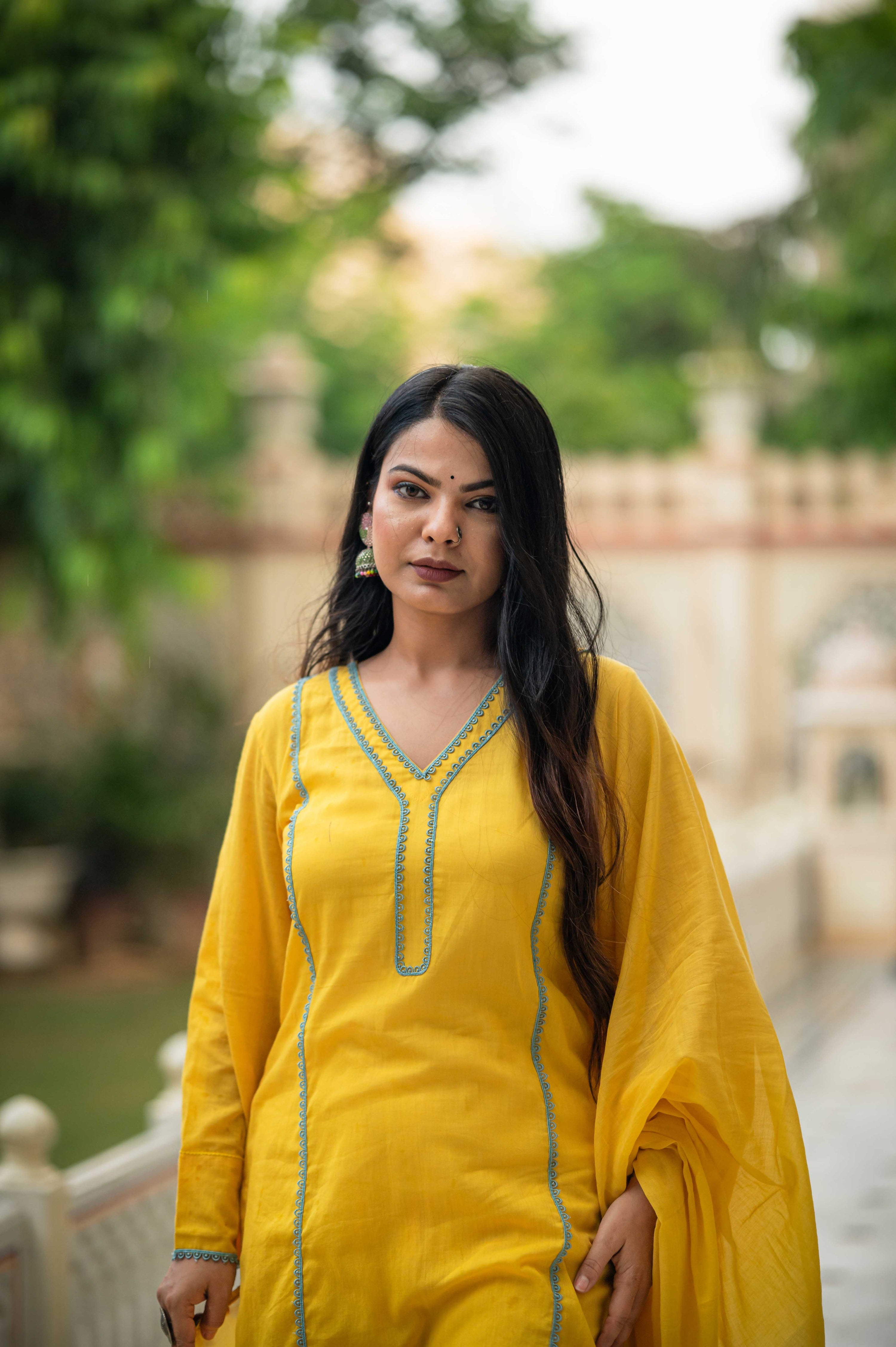 Keerat Yellow Laced Mulmul Suit Set