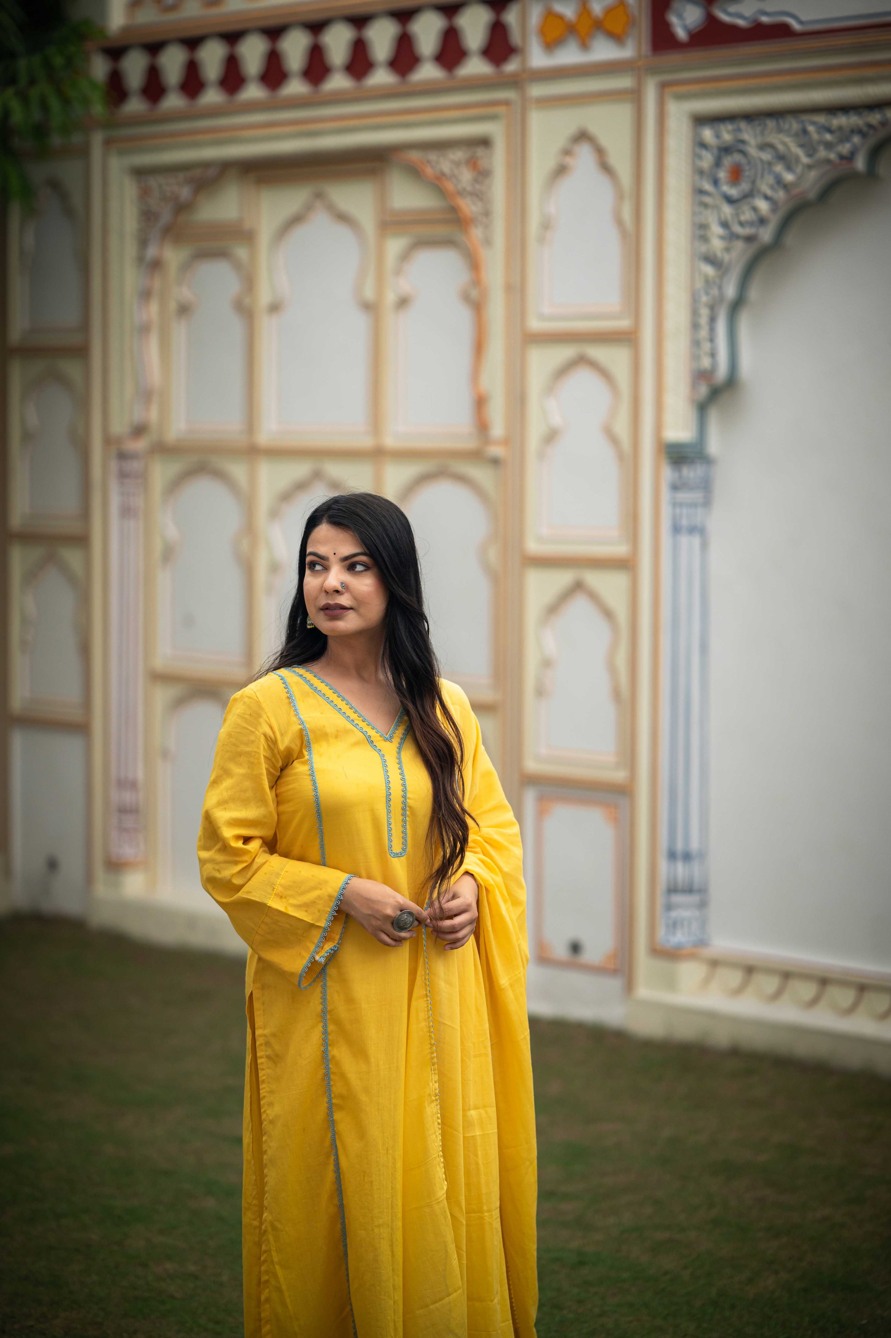 Keerat Yellow Laced Mulmul Suit Set